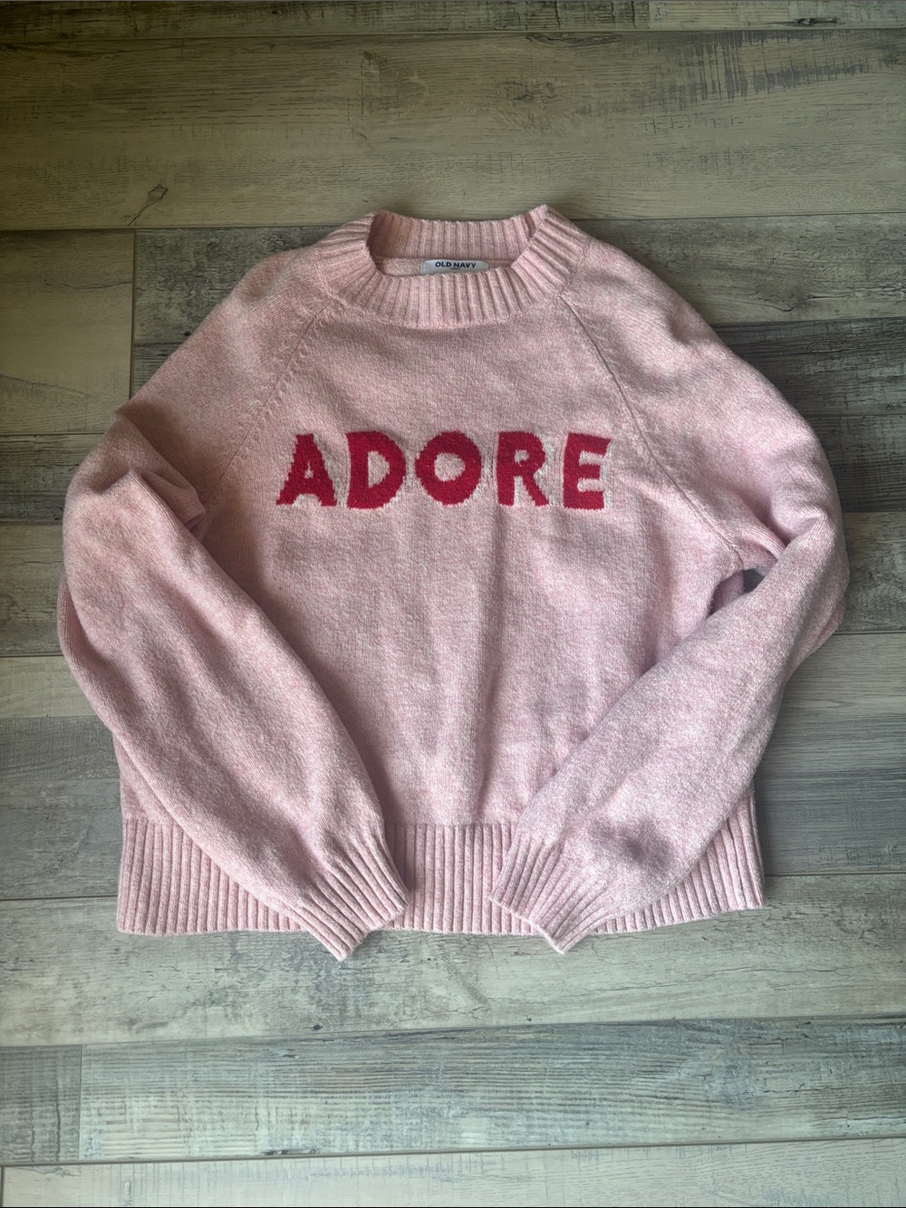 Old Navy Pink Crewneck Sweater with Red "ADORE" Lettering